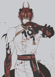 Rule 34 | 1boy, arknights, armor, blood, blood on arm, blood on clothes, blood on face, blood on hands, chongyue (arknights), closed mouth, cowboy shot, dragon boy, dragon horns, dragon tail, glowing, glowing eyes, grey background, hand up, highres, horns, limited palette, long hair, looking at viewer, low ponytail, male focus, nills, pauldrons, pointy ears, ponytail, red eyes, red hair, shoulder armor, simple background, single pauldron, sleeveless, solo, standing, tail, wiping face
