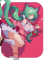 1girl absurdres animal_ears arknights artist_name ass bare_shoulders breasts brown_shoes cat_ears cat_girl cat_tail commentary cuddz drop_shadow finger_gun green_eyes green_hair hairband harmonie_(arknights) harmonie_(decoration)_(arknights) heart highres large_breasts leg_up long_hair long_sleeves looking_at_viewer official_alternate_costume one_eye_closed pink_sleeves shoes smile socks solo standing standing_on_one_leg tail twintails white_hairband white_socks