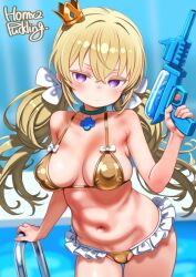 1girl belly bikini blonde_hair breasts choker closed_mouth commentary_request covered_erect_nipples crown golden_week_bikini highres kafuru_(senran_kagura) large_breasts long_hair looking_at_viewer low_twintails medium_breasts mini_crown navel oppai_loli pool puddinghomhom purple_eyes senran_kagura solo swimsuit twintails water_gun