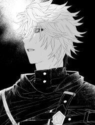 Rule 34 | 1boy, cape, colored sclera, emblem, greyscale, hair between eyes, highres, jacket, looking to the side, looking up, lx9d2x, male focus, monochrome, otori ojirou, parted lips, q (tribe nine), short hair, single tear, solo, tears, tribe nine