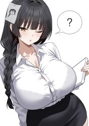 1girl ? absurdres black_hair black_skirt blue_archive bra_visible_through_clothes braid breasts button_gap collared_shirt doodle_sensei_(blue_archive) female_sensei_(blue_archive) female_sensei_(blue_archive)_(xipa) highres huge_breasts long_hair looking_at_viewer one_eye_closed open_mouth paper_on_head sensei_(blue_archive) shirt shirt_tucked_in simple_background single_braid skirt solo spoken_question_mark tewaki white_background white_shirt yellow_eyes