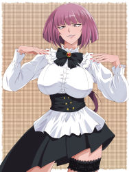 Rule 34 | 1girl, black bow, bow, breasts, contrapposto, frills, highres, komochizuki, large breasts, lipstick, long sleeves, looking at viewer, makeup, nail polish, oboro (taimanin asagi), purple hair, red eyes, short hair, smile, solo, standing, taimanin (series), taimanin asagi, thigh strap