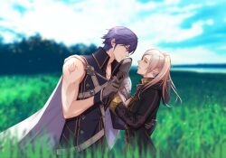1boy 1girl black_robe blue_hair blue_shirt blue_sky braid brand_of_the_exalt chrom_(fire_emblem) cloud collarbone day fire_emblem fire_emblem_awakening from_side grass height_difference hetero highres holding_hands long_hair looking_at_another nintendo open_clothes open_robe robe robin_(female)_(fire_emblem) robin_(fire_emblem) second-party_source shabe_8 shirt single_sleeve sky smile standing twintails white_hair