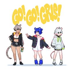 3girls :d ahoge animal_ear_fluff animal_ears ankle_socks arm_at_side arm_up asymmetrical_bangs bear_ears bear_girl bike_shorts black_hair black_jacket black_shirt black_shoes black_shorts black_streaks black_stripes black_tail black_trim blue_hair blue_leg_warmers blue_shoes blunt_bangs blunt_sidelocks breasts buttons cat_ears cat_girl cat_tail center-flap_bangs cleavage collarbone colored_tips commentary contrapposto copyright_name curled_tail dark-skinned_female dark_skin dolphin_shorts dot_nose double-parted_bangs double_horizontal_stripe double_vertical_stripe drawstring dress english_commentary english_text extra_ears eyebrows_hidden_by_hair facing_viewer furrowed_brow go!_go!_gris! green_eyes green_hoodie green_sleeve_cuffs green_trim grey_hair grey_hoodie grey_tail gris_(go!_go!_gris!) hair_between_eyes hair_intakes hair_over_one_eye half_updo hand_in_pocket hand_on_own_hip hood hood_down hooded_jacket hoodie invisible_floor jacket kara_(go!_go!_gris!) large_breasts leg_warmers legs_apart long_eyelashes long_hoodie long_legs long_sleeves looking_at_another looking_to_the_side midriff mouse_ears mouse_girl mouse_tail multicolored_hair multicolored_jacket multiple_girls navel nokia_yan open_clothes open_jacket open_mouth outstretched_hand parted_bangs patch perl_(go!_go!_gris!) pigeon-toed pink_eyes pink_hair pink_jacket pink_tail pink_trim pixel_art ponytail print_hoodie puffy_long_sleeves puffy_sleeves raised_inner_eyebrows red_eyes sandals shadow shirt shoes short_dress short_ponytail short_shorts shorts shoulder_patch side-by-side sidelocks simple_background single_off_shoulder sleeveless sleeveless_dress sleeves_past_fingers sleeves_past_wrists slides small_breasts smile socks sports_bra spotted_tail standing streaked_hair tail thick_eyelashes thighs tied_drawstring turning_head turtleneck turtleneck_shirt two-sided_fabric two-sided_hoodie two-sided_jacket two-tone_hair two-tone_hoodie two-tone_jacket two-tone_tail unbuttoned v white_background white_dress white_hair white_sandals white_socks white_sports_bra white_stripes white_trim wide_hips yellow_eyes