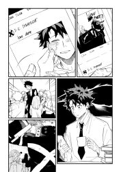 5koma aged_up awkward bakudeku bakugou_katsuki blush boku_no_hero_academia bones_(company) book cellphone coffee_mug comic cup freckles interview messy_hair midoriya_izuku mug necktie phone photo_(object) scar scar_on_face shirt shounen_jump sitting spiked_hair superhero_costume teacher_and_student wtoluasl yaoi