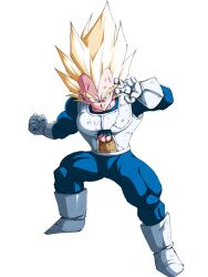 Rule 34 | 1boy, armor, blonde hair, blue bodysuit, bodysuit, boots, dragon ball, dragonball z, gloves, male focus, muscular, muscular male, neophyte illust, saiyan armor, simple background, solo, spiked hair, super saiyan, super saiyan 1, vegeta, white armor, white background, white boots, white gloves