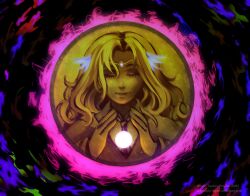 1girl artist_name blonde_hair character_name closed_eyes coin copyright_name cryptmyst gold_coin head_wings highres jewelry kikuri_(touhou) long_hair medium_hair painterly shirt solo touhou touhou_(pc-98) wings