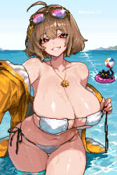 Rule 34 | 1girl, ahoge, anis (nikke), anis (sparkling summer) (nikke), arkham-ts, artist name, aviator sunglasses, ball, bare shoulders, bat (animal), beach, beachball, bikini, breasts, brown eyes, brown hair, cleavage, collarbone, commentary, cowboy shot, eyepatch bikini, eyewear on head, goddess of victory: nikke, grin, hair between eyes, hair ornament, hairclip, highres, horizon, huge breasts, innertube, jacket, jewelry, looking at viewer, mountain, navel, necklace, off shoulder, official alternate costume, open clothes, open jacket, orange jacket, outdoors, outstretched arm, pink-tinted eyewear, pixel art, reaching, reaching towards viewer, shiny skin, short hair, smile, solo, sparkle, string bikini, sunglasses, swim ring, swimsuit, teeth, tinted eyewear, wading, water, wet, white bikini