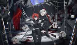 Rule 34 | 6+boys, absurdres, ahoge, aotsuki eito, armband, black boots, black pants, blood, blood in hair, blood on clothes, blood on face, blue eyes, boots, chain, chained, clone, commentary, corpse, crossed arms, disembodied eye, english commentary, gakuran, geta, glasses, gloves, grey hair, highres, hole in chest, hole on body, kilo782524, last defense academy school uniform, looking at viewer, male focus, multicolored hair, multiple boys, pants, reaching, red hair, school uniform, scythe, short hair, spoilers, stage, stage lights, streaked hair, string, string of fate, sumino takumi, sword, the hundred line -last defense academy-, weapon, white armband, white gloves