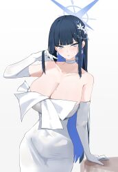 1girl absurdres bare_shoulders black_hair blue_archive blue_eyes blue_hair blush breasts choker cleavage collarbone colored_inner_hair covered_navel cowboy_shot dress earrings elbow_gloves gloves hair_ornament halo highres jewelry kasumi_saika large_breasts long_hair looking_at_viewer multicolored_hair parted_lips revision saori_(blue_archive) saori_(dress)_(blue_archive) solo white_dress white_gloves