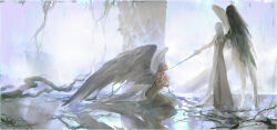 1boy 1girl 1other absurdres angel angel_wings baby black_hair black_wings branch carrying_baby carrying_person chinese_commentary commentary_request dress feathered_wings highres holding holding_sword holding_weapon leo-dont-want-to-be-a-painter long_hair long_sleeves original oversized_wings production_art reflective_floor robe seiza sitting standing sword weapon white_hair white_robe white_wings wings