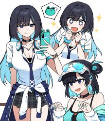 Rule 34 | + +, 1girl, ^^^, bare shoulders, black hair, black skirt, black survival, blue-tinted eyewear, blue eyes, blue hair, blue jacket, blue necktie, blush, breasts, choker, cleavage, clothes around waist, colored inner hair, commentary, debi (after school) (black survival), debi (black survival), debi (cotton candy) (black survival), eternal return: black survival, eyewear on head, hair rings, headphones, headphones around neck, highres, holding, holding phone, jacket, jacket around waist, large breasts, lix (iroiro3843), long hair, looking at viewer, multicolored hair, multiple views, necktie, o-ring, o-ring choker, official alternate costume, open mouth, phone, plaid clothes, plaid skirt, pleated skirt, shirt, short sleeves, simple background, single hair ring, skirt, smile, sparkle, sparkling aura, sparkling eyes, tinted eyewear, tongue, visor cap, white background, white shirt