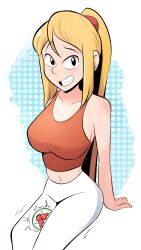 1girl absurdres bare_shoulders black_eyes blonde_hair breasts collarbone commentary english_commentary hair_tie highres looking_at_viewer metroid metroid_(creature) navel nintendo open_mouth orange_tank_top pants ponytail samus_aran smile solo tank_top teeth white_pants yohocutie