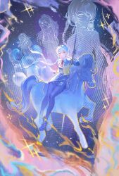 Rule 34 | 1girl, abstract background, adorabbit, ai the somnium files, ai the somnium files: nirvana initiative, aiba (ai the somnium files), black dress, black gloves, black pantyhose, blue hair, braid, collared shirt, commentary, dress, english commentary, gloves, grey eyes, hand up, heterochromia, highres, illowine, long hair, looking at viewer, low twin braids, multiple views, necktie, okiura mizuki, open mouth, pantyhose, red necktie, school uniform, sekiba girls&#039; high school uniform, shirt, sitting, smile, sparkle, twin braids, very long hair, vest, white shirt, yellow eyes, yellow vest