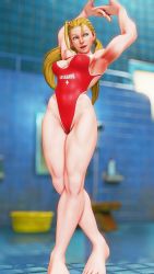 1girl 3d absurdres antenna_hair bare_shoulders barefoot blonde_hair braid breasts cammy_white covered_navel crossed_arms curvy full_body highleg highleg_one-piece_swimsuit highres lifeguard lips long_hair looking_to_the_side low_twintails medium_breasts one-piece_swimsuit open_mouth partially_visible_vulva red_one-piece_swimsuit ryona screencap shiny_clothes smile solo street_fighter street_fighter_v stretching swimsuit thighs third-party_edit twintails very_long_hair wide_hips