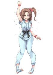 1girl adk artist_request breasts brown_eyes brown_hair collarbone female_focus izumo_ryoko judogi matching_hair/eyes medium_breasts one_eye_closed side_ponytail snk solo world_heroes wristband
