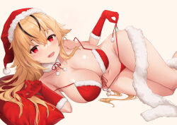 1girl absurdres bikini black_hair blonde_hair breasts christmas cleavage collarbone deogho_(liujinzy9854) double_strap_slip front-tie_bikini_top front-tie_top fur-trimmed_gloves fur-trimmed_headwear fur_collar fur_trim gloves hat highres large_breasts long_hair lying multicolored_hair on_side open_mouth original pillow pom_pom_(clothes) red_bikini red_eyes red_gloves red_hat santa_bikini santa_costume santa_hat solo streaked_hair swimsuit