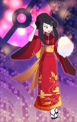 1girl alternate_costume alternate_hairstyle black_hair commission cotton_candy dragon_print dragonair food full_body gen_1_pokemon highres holding holding_cotton_candy holding_food japanese_clothes kimono lucy_(pokemon) nintendo pokemon pokemon_emerald pokemon_rse red_eyes red_kimono sandals smile solo vergolophus wide_sleeves zouri