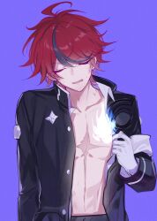 1boy ahoge armband blue_fire closed_eyes collarbone embarrassed fire fire_on_chest gakuran gloves highres last_defense_academy_school_uniform male_focus multicolored_hair open_clothes open_shirt purple_background red_hair scar scar_on_chest school_uniform short_hair simple_background solo soni32303850 streaked_hair sumino_takumi sweatdrop the_hundred_line_-last_defense_academy- upper_body white_armband white_gloves