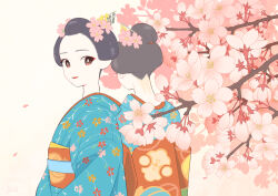 Rule 34 | 2girls, absurdres, blue kimono, brown eyes, cherry blossoms, colored skin, floral print, geisha, highres, japanese clothes, kimono, kojiro337, marumage, multiple girls, obi, obiage, obijime, original, red lips, sash, upper body, white background, white skin