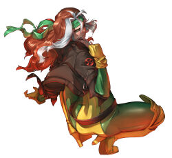1girl absurdres back belt black_belt black_jacket bodysuit boots clenched_hand from_behind full_body gloves green_bodysuit green_eyes hair_between_eyes hand_up headband high_heels highres jacket lips long_hair long_sleeves looking_at_viewer looking_back marvel multicolored_hair orange_hair rogue_(x-men) simple_background solo squatting superhero_costume teeth teppu_tora two-tone_bodysuit two-tone_hair v-shaped_eyebrows wavy_hair white_background white_hair x-men yellow_bodysuit yellow_boots yellow_gloves