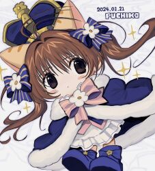 1girl alternate_costume alternate_hairstyle animal_ears blue_boots blue_cloak blue_crown blue_ribbon boots brown_hair cat_ears character_name cloak closed_mouth crown dated di_gi_charat dress flower frilled_dress frills fur-trimmed_cloak fur_trim hair_flower hair_ornament hair_ribbon hashtag-only_commentary highres long_hair looking_at_viewer neck_ribbon pepeppepe101 pink_ribbon puchiko ribbon solo sparkle striped_ribbon twintails white_dress white_flower