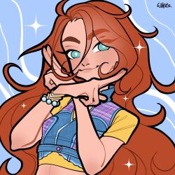 1girl aqua_eyes bead_bracelet beads bloom_(winx_club) blue_background blue_vest bracelet bright_pupils buttons closed_mouth collared_vest commentary cropped_shirt crossed_arms denim_vest eyelashes eyes_visible_through_hair fingernails gold_bracelet hair_between_eyes happy highres jewelry light_blush lips long_hair long_hair_between_eyes magical_girl messy_hair multiple_bracelets red_hair shirt short_sleeves signature smile solo swept_bangs t-shirt thick_eyebrows upper_body very_long_hair vest white_pupils wikate winx_club yellow_shirt