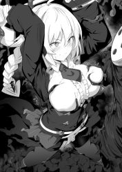 Rule 34 | 1boy, 1girl, ahoge, arakune, arms behind head, arms up, blazblue, blush, braid, breasts, center frills, es (xblaze), frills, greyscale, groping, huge ahoge, large breasts, long hair, long sleeves, monochrome, shiseki hirame, single braid, skirt, solo, torn clothes, torn skirt, underbust, white background, xblaze