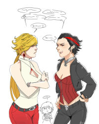 ... 3girls angry ankh_(ooo) arguing bangles blonde_hair breasts choker cleavage cleavage_cutout clothing_cutout corset crossed_arms earrings female_focus food genderswap genderswap_(mtf) hino_eiji humanization jacket jewelry kamen_rider kamen_rider_den-o_(series) kamen_rider_ooo_(series) long_hair momotaros multiple_girls pants popcorn red_eyes red_nails red_necklace red_pants red_streaks short_hair skull_belt sleeveless speech_bubble spiked_hair