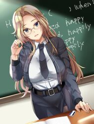 1girl belt black_belt black_jacket black_necktie black_skirt blonde_hair book breasts chalkboard english_text eraser forehead glasses hand_up highres holding holding_pen hornet_(kancolle) indoors jacket kantai_collection kuurunaitsu large_breasts long_hair long_sleeves looking_at_viewer necktie open_book open_clothes open_jacket pantyhose pen pencil_skirt shadow shirt skirt solo standing white_shirt