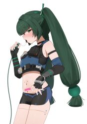 1girl android black_gloves blunt_bangs blush body_writing charger cowboy_shot fingerless_gloves fingernails flasso from_side gloves green_eyes green_hair highres loli looking_at_viewer nail_polish navel open_mouth qingyi_(zenless_zone_zero) short_shorts shorts sidelocks simple_background solo sweat sweatdrop tongue tongue_out usb usb_cable white_background white_nails zenless_zone_zero