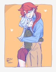 2girls black_shirt blue_shirt blush brown_skirt closed_eyes commentary_request dated glasses gundam gundam_suisei_no_majo heart highres hug long_hair long_sleeves miorine_rembran multiple_girls open_mouth ponytail red_hair red_skirt shirt simple_background skirt smile suletta_mercury white_hair yellow_background yuri yuri_kyanon