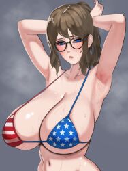 1girl american_flag_bikini american_flag_print armpits arms_behind_head arms_up bad_tag bikini black_framed_eyewear blue_eyes blush breasts brown_hair cleavage flag_print flag_print_bikini glasses grey_background highres huge_breasts long_hair looking_at_viewer navel nuo_(30340120) original parted_lips ponytail print_bikini simple_background solo steaming_body sweat swimsuit