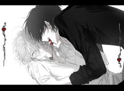 2boys alien_stage black_eyes black_hair black_shirt boy_on_top gem green_eyes grey_hair heart highres ivan_(alien_stage) letterboxed long_sleeves looking_to_the_side male_focus mouth_hold multiple_boys shirt short_hair till_(alien_stage) very_short_hair white_sleeves yanwu01