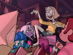 1boy 4girls alternate_costume amethyst_(steven_universe) blue_eyes blue_hair blue_skin colored_skin discount-supervillain dungeons_&amp;_dragons forehead_jewel gem green_skin highres lapis_lazuli_(steven_universe) lips long_hair multiple_girls open_mouth pearl_(steven_universe) peridot_(steven_universe) pointy_nose purple_skin short_hair smile steven_quartz_universe steven_universe steven_universe:_future teeth