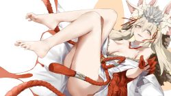 1girl animal_ear_fluff animal_ears bare_legs bare_shoulders barefoot bow china_dress chinese_clothes dress fate/grand_order fate_(series) feet fox_ears fox_girl fox_tail highres hip_vent koyanskaya_(fate) koyanskaya_(lostbelt_beast:iv)_(fate) looking_at_viewer nail_(hardware) nail_polish open_mouth oshin0_(zheng) pink_bow pink_hair red_nails spread_toes tail toes yellow_eyes