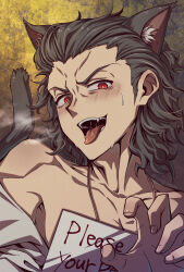 Rule 34 | 1boy, animal ear fluff, animal ears, bare shoulders, black hair, blush, cat boy, cat ears, cat tail, collared shirt, english text, hair slicked back, highres, isurugiratone, jewelry, male focus, michael roa valdamjong, necklace, paw pose, pectorals, profile, red eyes, saliva, shirt, sweat, tail, tongue, tongue out, tsukihime, tsukihime (remake), vampire, white shirt, yaoi