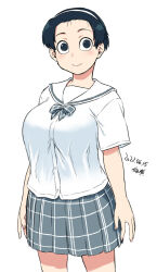 1girl arms_at_sides black_eyes bow bowtie breasts buttons collared_shirt cowboy dated forehead hairband jimiko large_breasts legs light_blush light_smile looking_at_viewer original plaid_bow plaid_clothes plaid_skirt sailor_collar shirt short_hair short_sleeves signature simple_background skirt solo tsukudani_(coke-buta) very_short_hair western white_background white_hairband white_sailor_collar white_shirt