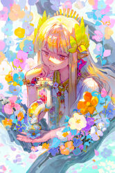 1girl absurdres arknights blue_flower brown_hair colorful cropped_torso earrings elf faucet flower head_rest highres jewelry long_hair looking_down lyuqiu mole mole_under_eye muelsyse_(arknights) orange_eyes pink_flower pointy_ears smile solo surreal white_flower white_hair