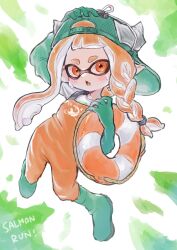 Rule 34 | 1girl, blush, boots, fang, full body, gloves, green background, green boots, green gloves, green headwear, highres, inkling, inkling girl, inkling player character, lifebuoy, long hair, nintendo, open mouth, orange eyes, orange hair, pointy ears, rubber boots, rubber gloves, salmon run (splatoon), skin fang, solo, splatoon (series), splatoon 3, sweat, swim ring, tebasaki (teba illust), tentacle hair, thick eyebrows, two-tone background, white background