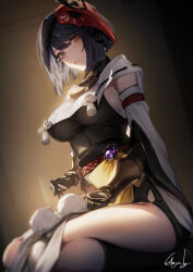 1girl bird_mask black_gloves black_hair black_leotard bracer breasts detached_sleeves elbow_gloves genshin_impact genyaky gloves highres japanese_clothes kujou_sara large_breasts leotard looking_at_viewer mask mask_on_head obi pelvic_curtain sash short_hair sitting sleeveless solo swept_bangs tabard tassel thighs wide_sleeves yellow_eyes