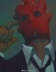 1boy aqua_background black_eyes black_jacket black_necktie blazer c_home chinese_commentary collared_shirt commentary_request dorohedoro finger_to_head heart_(organ) horror_(theme) jacket jewelry looking_at_viewer necktie red_mask ring shin_(dorohedoro) shirt solo stitched_fingers upper_body watermark weibo_watermark white_shirt