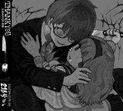 Rule 34 | 1boy, 1girl, averting eyes, bandaid, bandaid on cheek, bandaid on face, cardigan, collared shirt, commission, crazy grin, gakuran, gauze, gauze on cheek, glasses, glowing, glowing eyes, greyscale, grin, hairband, hand on another&#039;s shoulder, height difference, highres, holding, holding knife, jacket, kitchen knife, knife, leaning back, leaning forward, long hair, long sleeves, looking at another, monochrome, nas u, nervous sweating, open clothes, open jacket, original, scared, school uniform, serafuku, shirt, short hair, smile, sweat, veins, wide-eyed