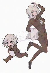 1girl black_shoes blue_eyes bow bowtie breasts brown_bow brown_bowtie brown_jacket brown_pants butler chibi closed_mouth collared_shirt faust_(project_moon) female_butler full_body highres jacket limbus_company looking_at_viewer multiple_views pants project_moon shirt shoes short_hair simple_background solo standing totemohotdesu towel towel_on_arm white_background white_hair white_shirt wuthering_heights_(identity)_(project_moon)
