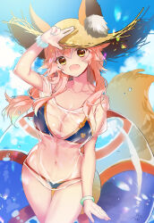 Rule 34 | 1girl, animal ear fluff, animal ears, aqua nails, arm up, bikini, blue bikini, blush, breasts, cleavage, cloud, cloudy sky, collarbone, fate/grand order, fate (series), fox ears, fox girl, fox tail, hair between eyes, hat, large breasts, long hair, looking at viewer, low-tied long hair, manyako (mohumohu), navel, official alternate costume, official alternate hairstyle, open mouth, pink hair, see-through clothes, see-through shirt, shirt, sky, solo, stomach, straw hat, swim ring, swimsuit, tail, tamamo (fate), tamamo no mae (swimsuit lancer) (fate), yellow eyes