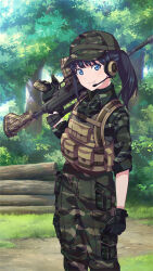 1girl assault_rifle black_gloves black_hair blue_eyes camouflage camouflage_hat camouflage_pants camouflage_shirt closed_mouth collared_shirt feet_out_of_frame game_cg gloves gridman_universe gun h&amp;k_hk416 hat headset highres holding holding_gun holding_weapon long_hair looking_at_viewer military military_uniform official_art outdoors pants ponytail rifle shirt sleeves_rolled_up smile solo ssss.gridman takarada_rikka third-party_source tree weapon
