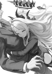 1boy 1girl antenna_hair blue_archive closed_eyes gloves greyscale halo height_difference hina_(blue_archive) horns hug jacket long_hair male_sensei_(blue_archive) marulire monochrome school_uniform sensei_(blue_archive) simple_background thighhighs twitter white_background