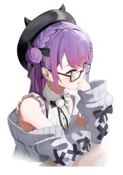 1girl barbell_piercing black-framed_eyewear blush braid breasts cardigan colored_inner_hair demon_tail ear_piercing fake_horns frilled_shirt frills glasses green_eyes grey_cardigan hair_bun hair_ornament hairclip hat hat_pin highres hololive horned_headwear horns industrial_piercing jirai_kei long_hair looking_at_viewer multicolored_hair official_alternate_costume piercing pink_hair pom_pom_(clothes) purple_hair semi-rimless_eyewear shirt single_side_bun solo streaked_hair tail tail_ornament tokoyami_towa tokoyami_towa_(jirai_kei) under-rim_eyewear uw_chanmaru virtual_youtuber white_shirt