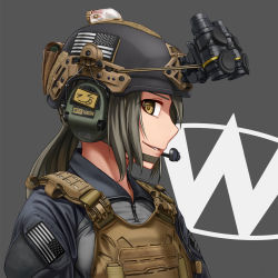 american_flag blouse blue_shirt headphones helmet highres jpc load_bearing_vest military original patch shirt solo