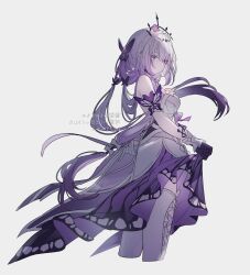 1girl bare_shoulders black_tiara breasts bug butterfly castorice_(honkai:_star_rail) dress flower gloves hair_ornament highres honkai:_star_rail honkai_(series) insect large_breasts legwear_cutout long_hair looking_at_viewer merry-san pointy_ears purple_butterfly purple_eyes purple_gloves purple_hair solo tiara very_long_hair white_dress